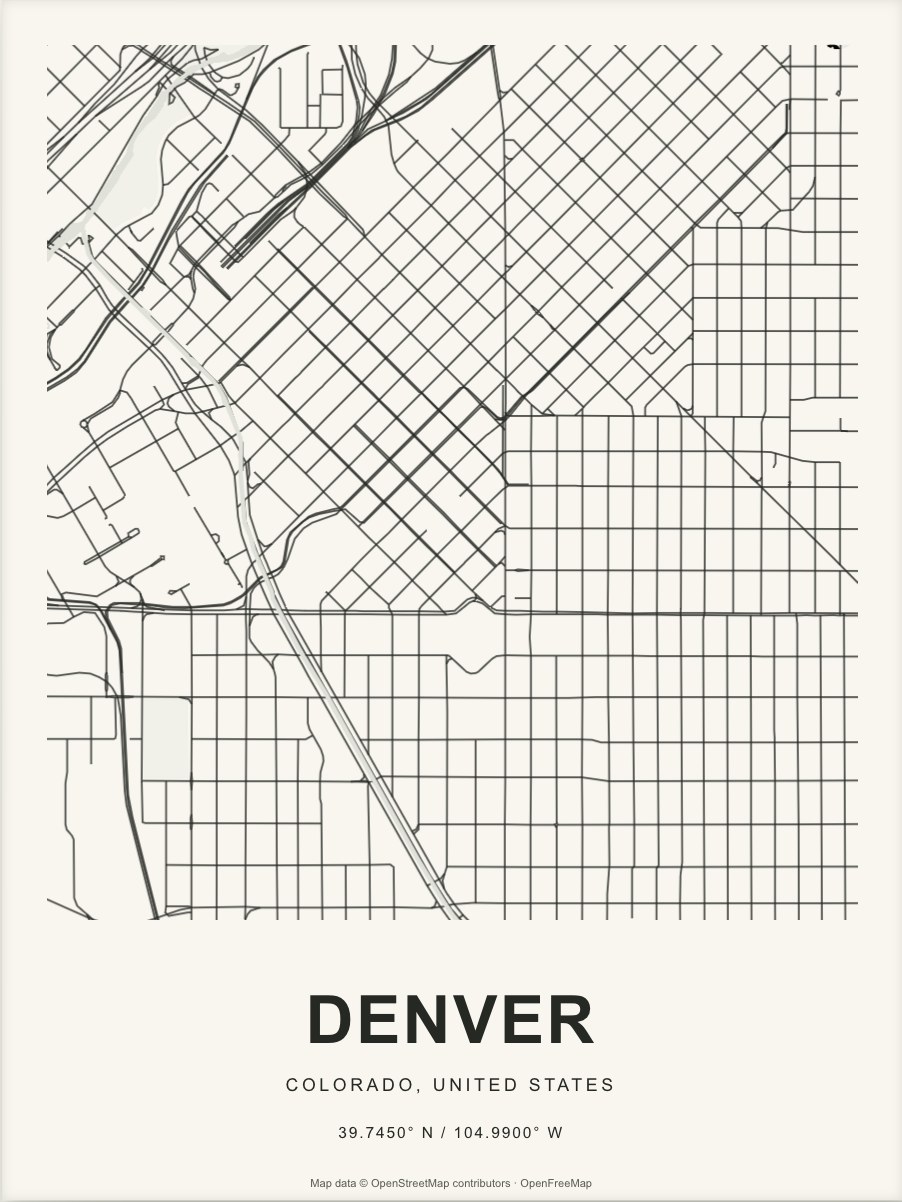 Closer Denver street map in dark ink on warm paper