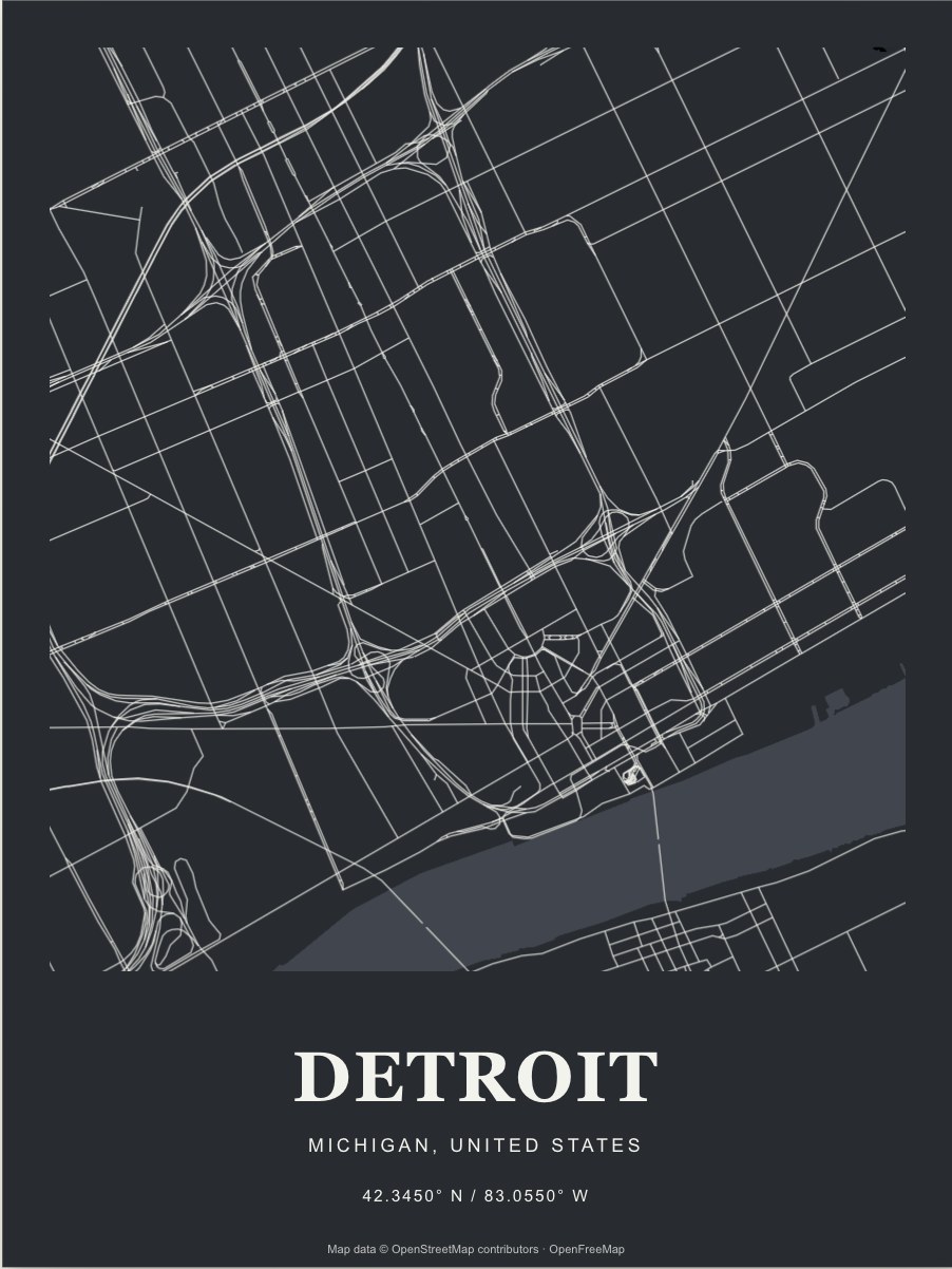 Detroit street map print in Graphite