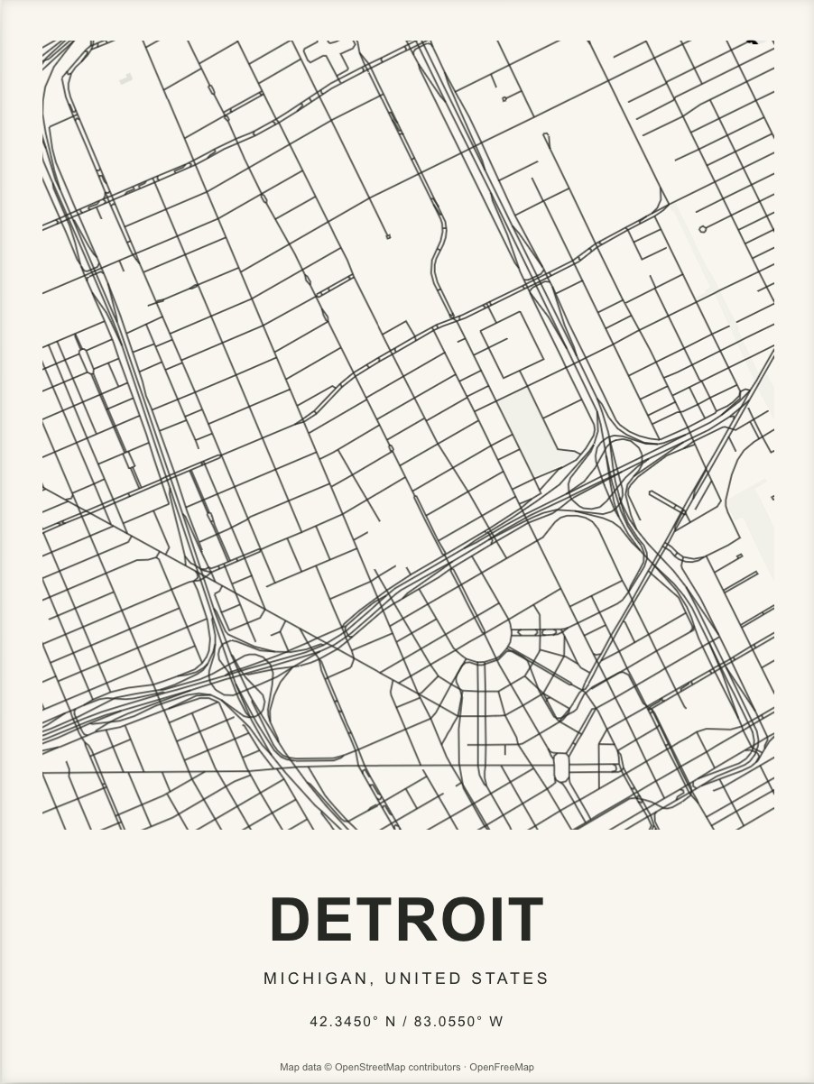 Closer Detroit street map in dark ink on warm paper