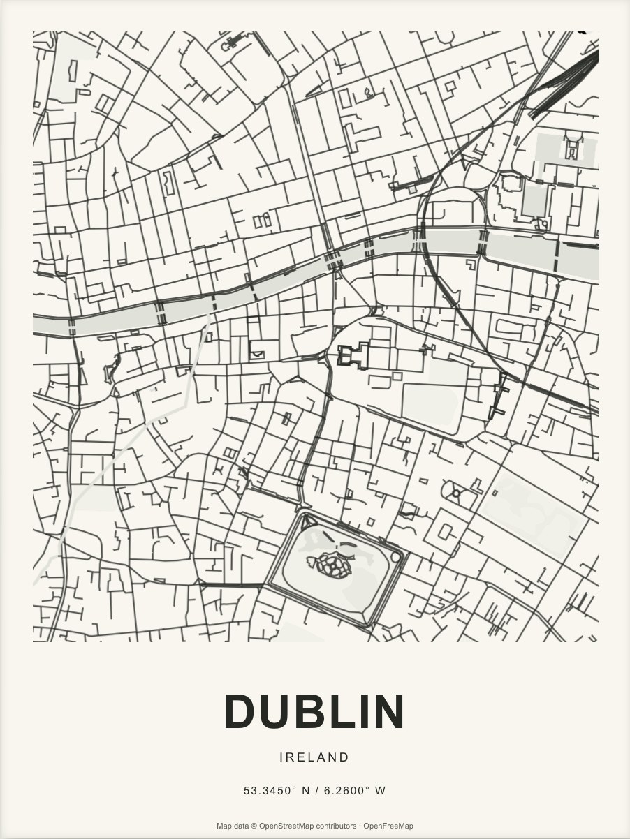 Closer Dublin street map in dark ink on warm paper