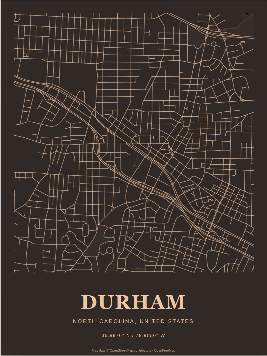 Durham street map print in Copper