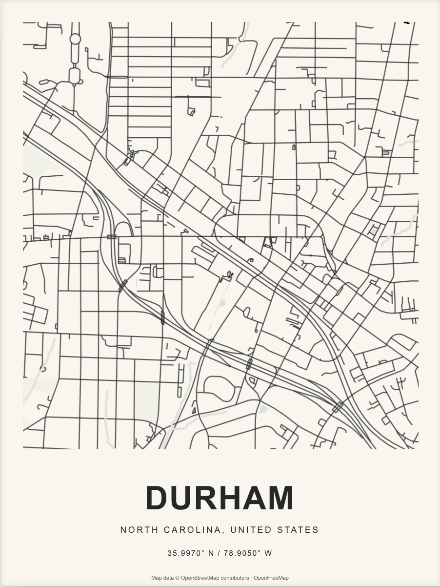 Closer Durham street map in dark ink on warm paper