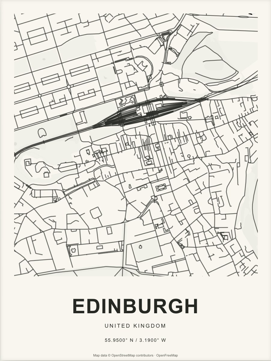 Closer Edinburgh street map in dark ink on warm paper