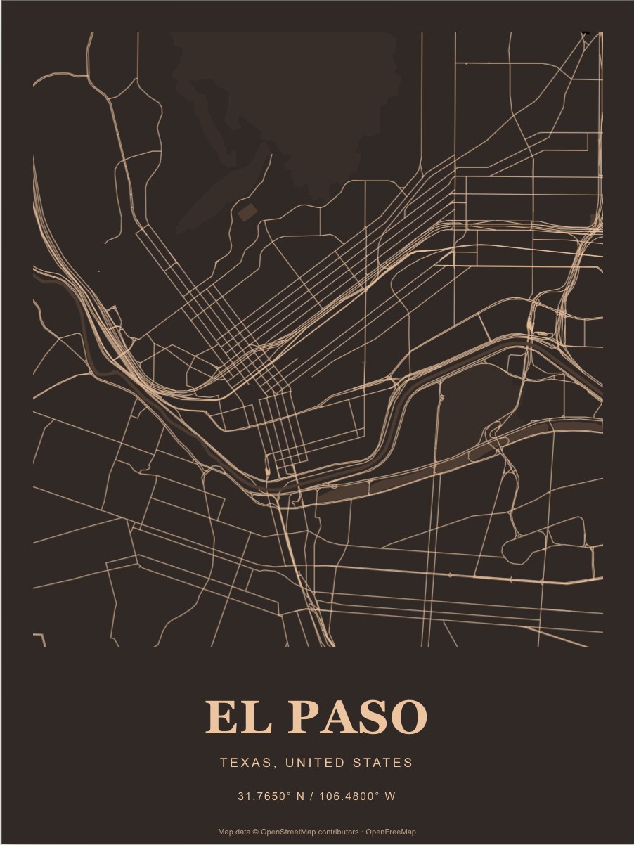 El Paso street map print in Copper