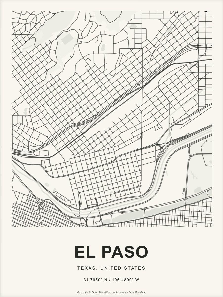 Closer El Paso street map in dark ink on warm paper