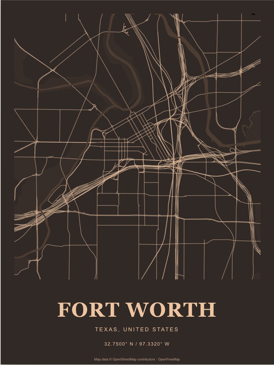 Fort Worth street map print in Copper