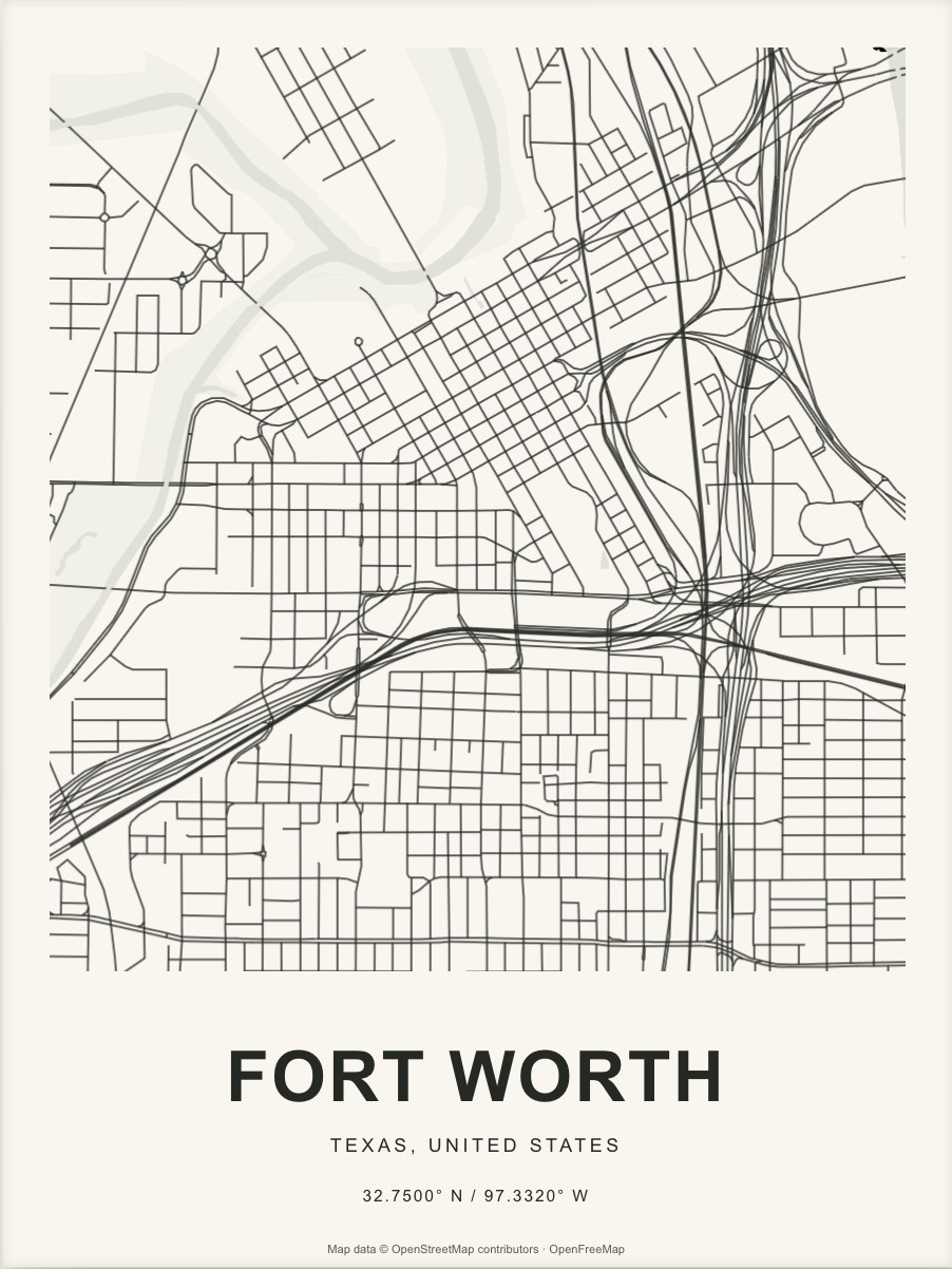 Closer Fort Worth street map in dark ink on warm paper
