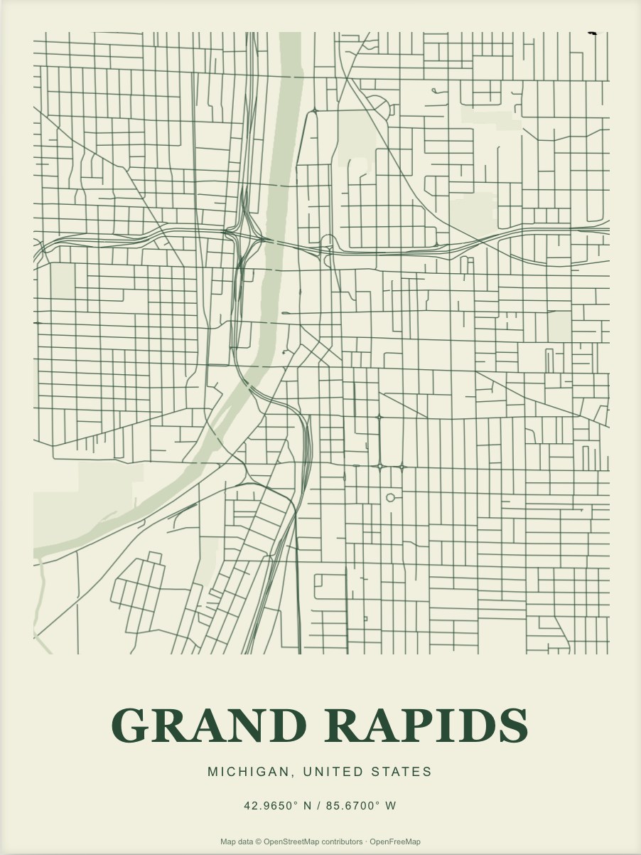 Grand Rapids street map print in Forest