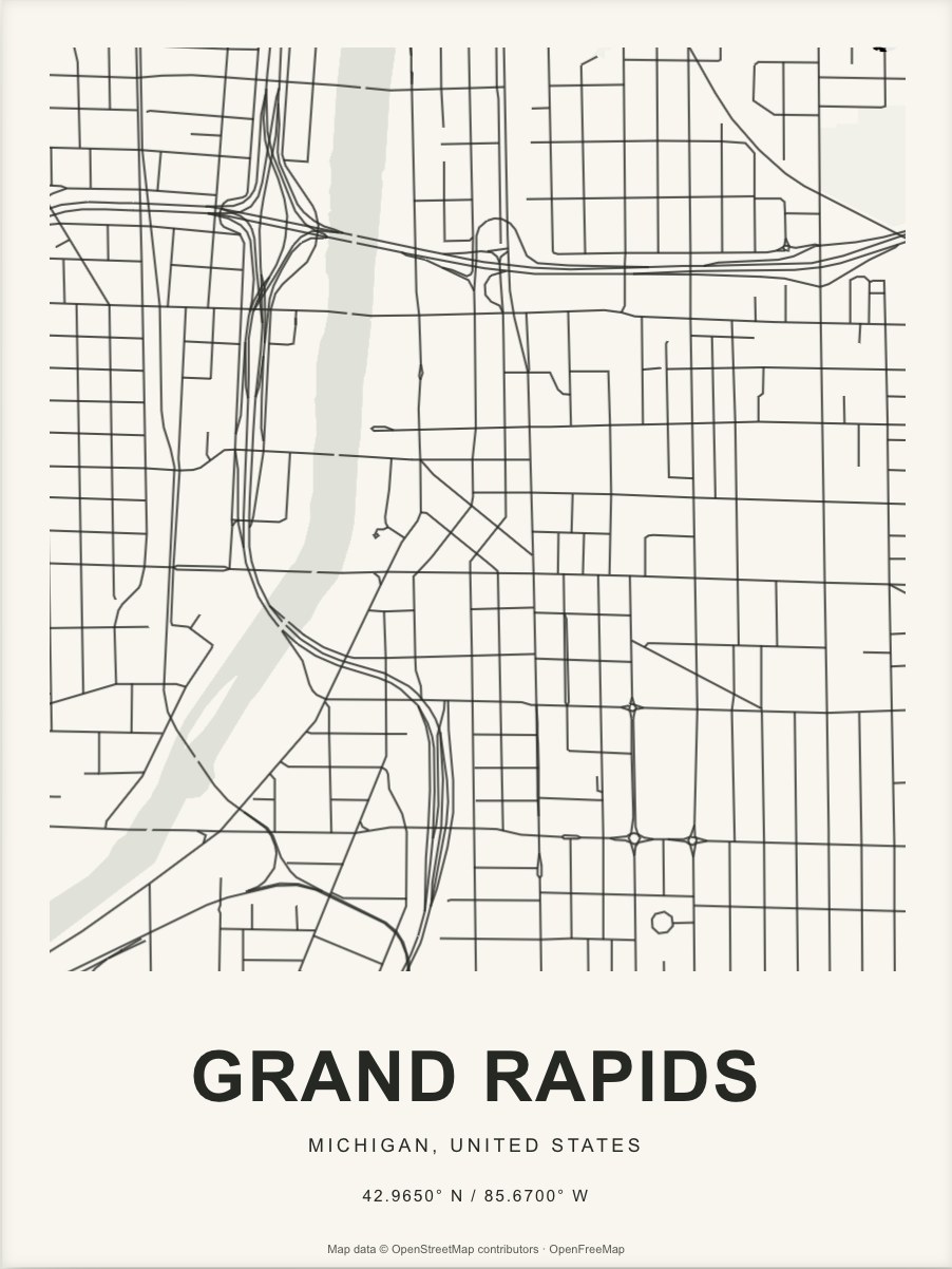 Closer Grand Rapids street map in dark ink on warm paper