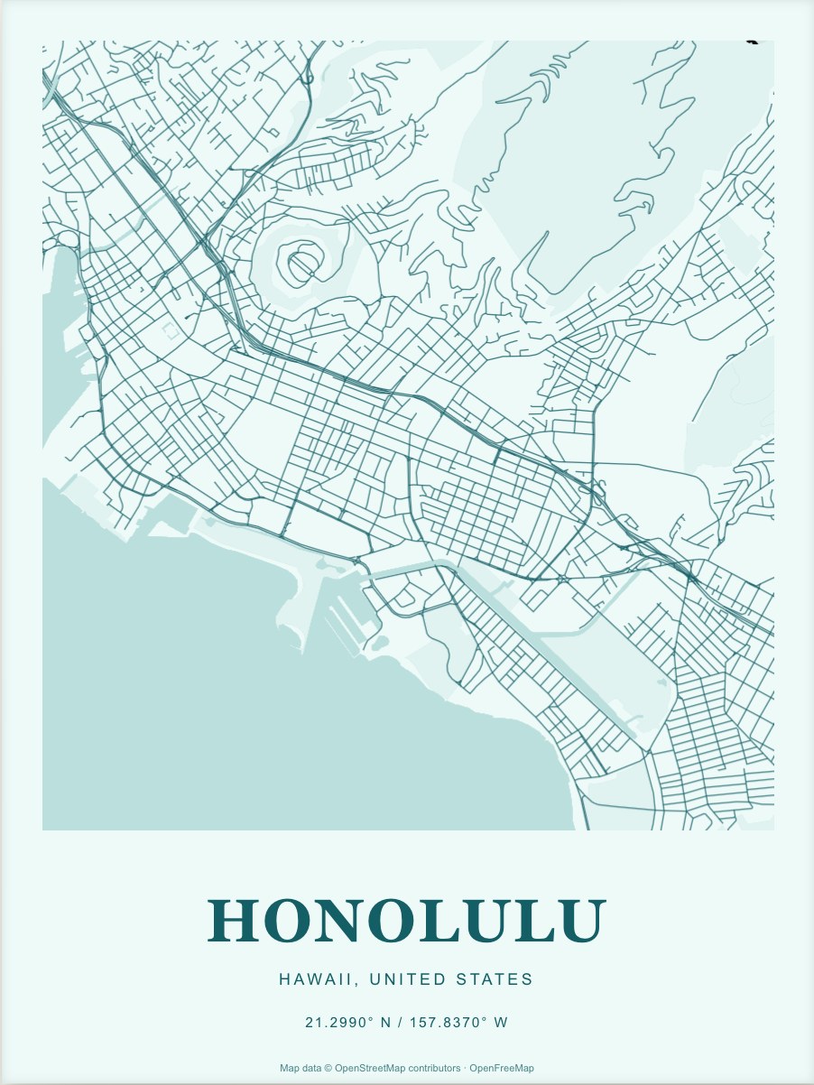 Honolulu street map print in Lagoon