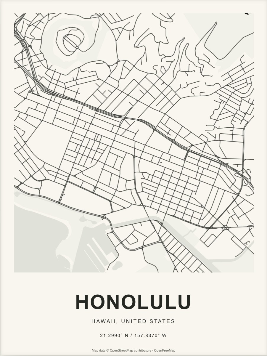 Closer Honolulu street map in dark ink on warm paper