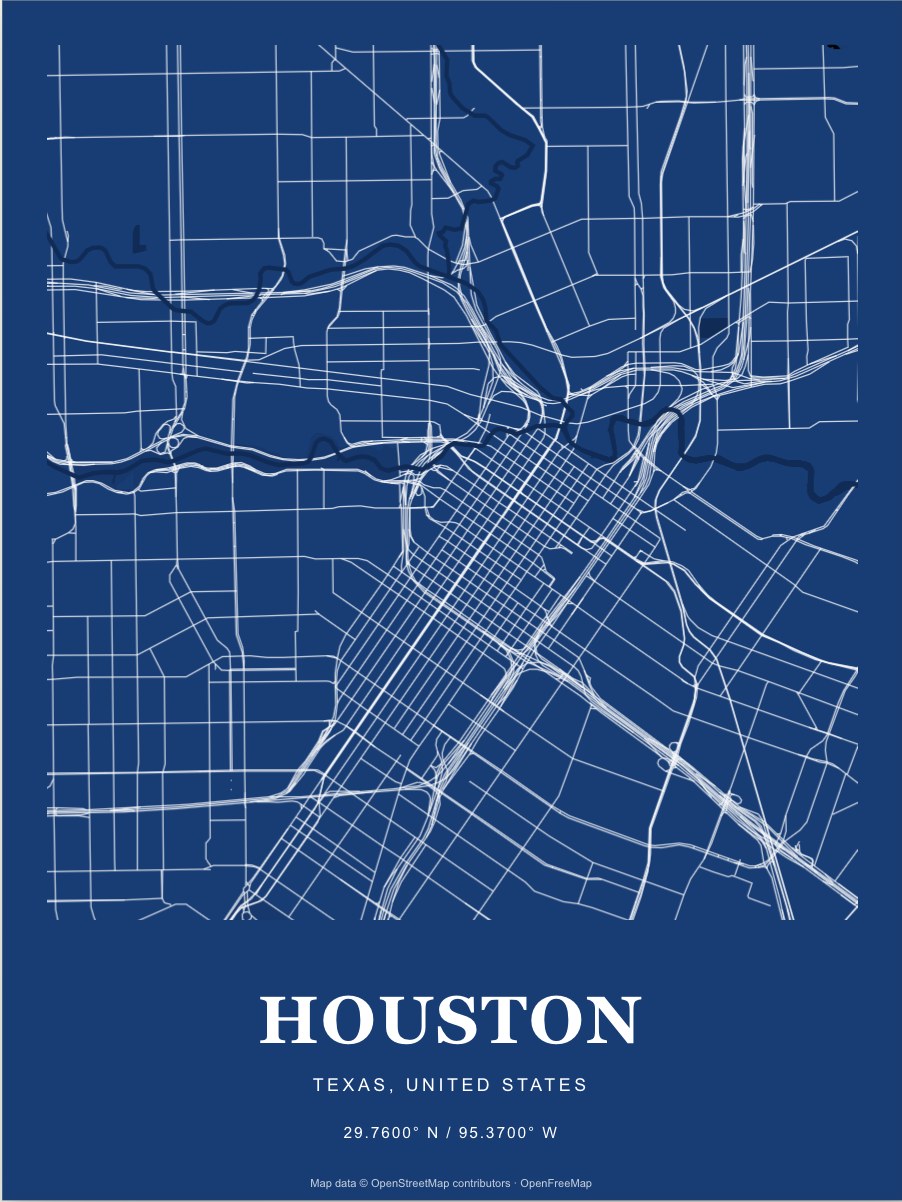 Houston street map print in Blueprint