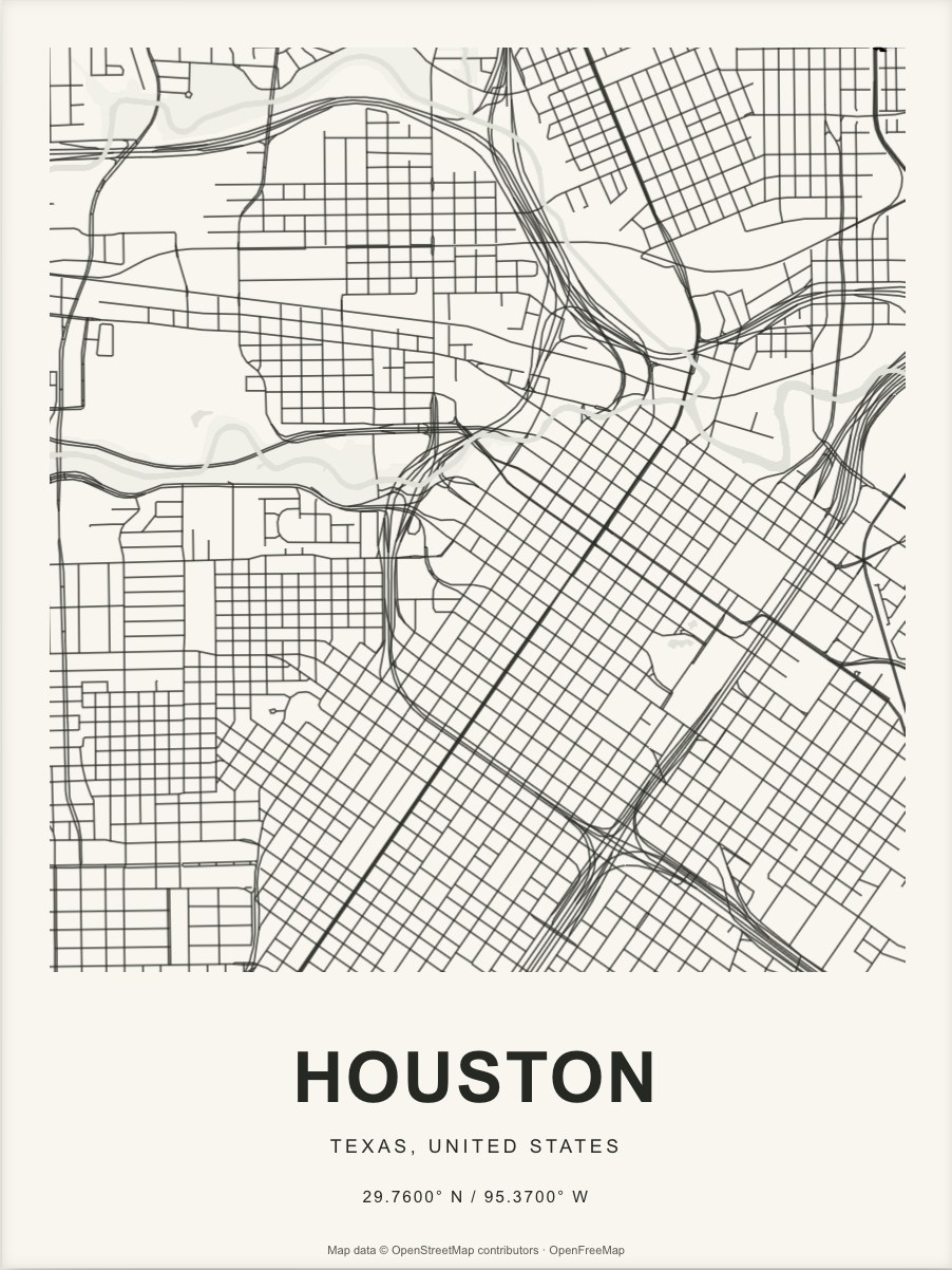 Closer Houston street map in dark ink on warm paper