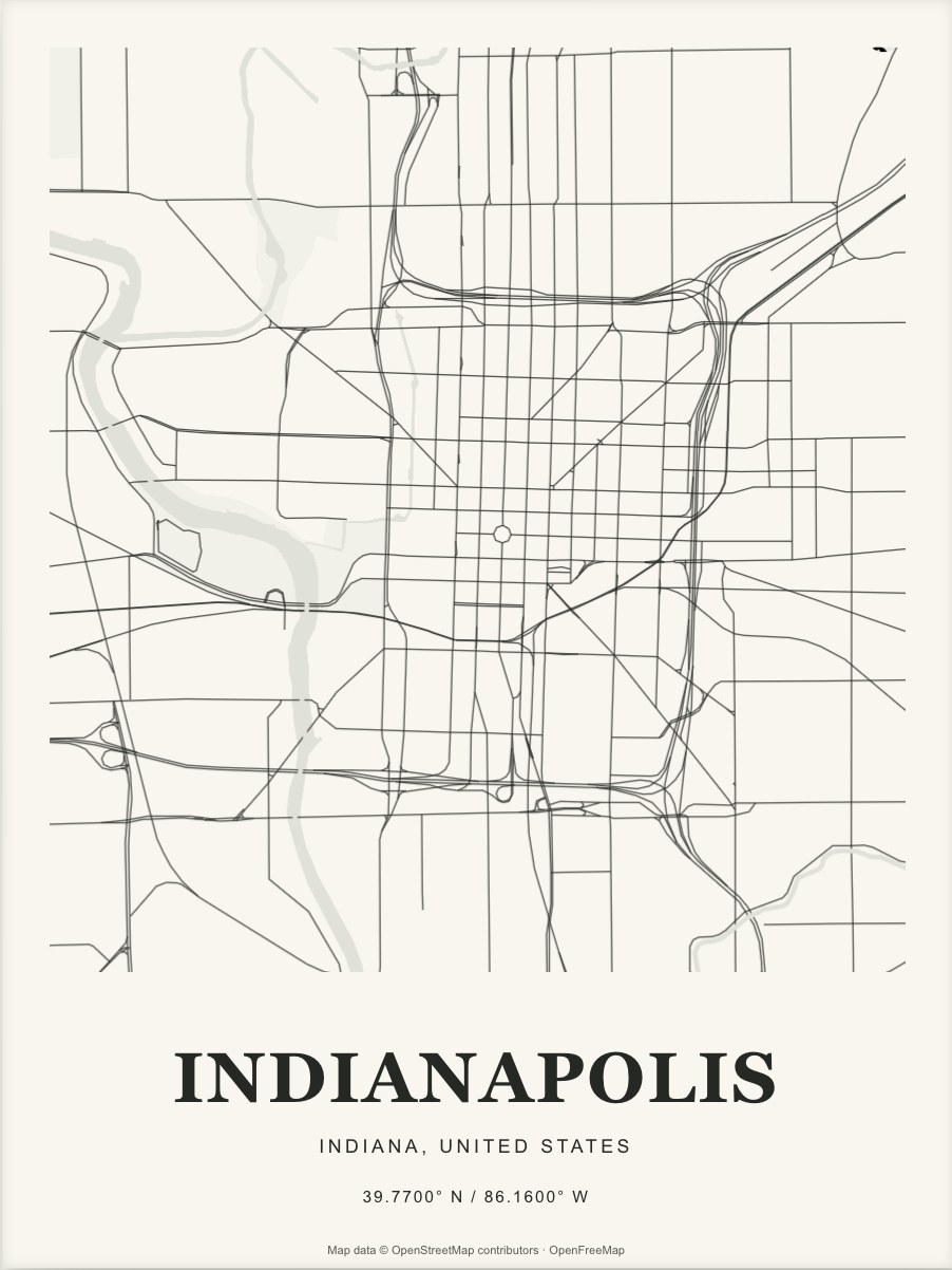 Indianapolis street map print in Ink & paper