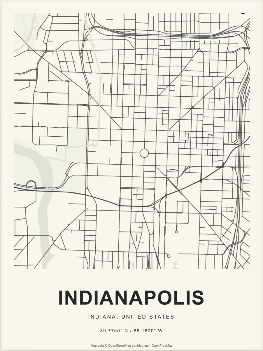 Closer Indianapolis street map in dark ink on warm paper