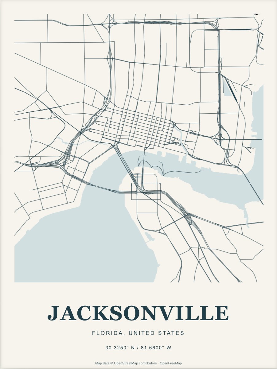 Jacksonville street map print in Atlantic