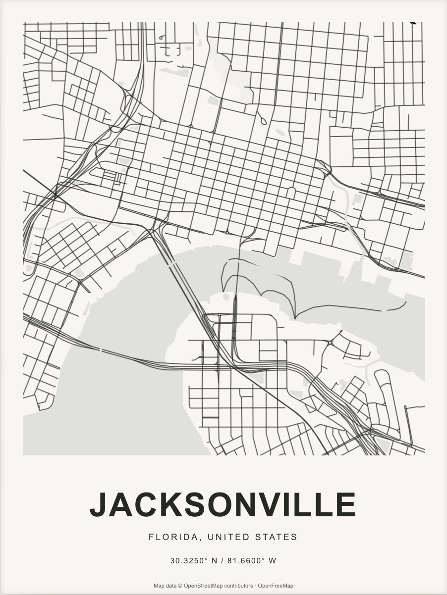 Closer Jacksonville street map in dark ink on warm paper