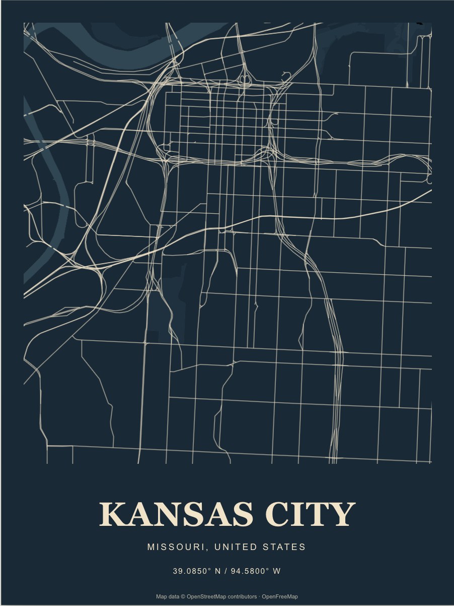 Kansas City street map print in Midnight
