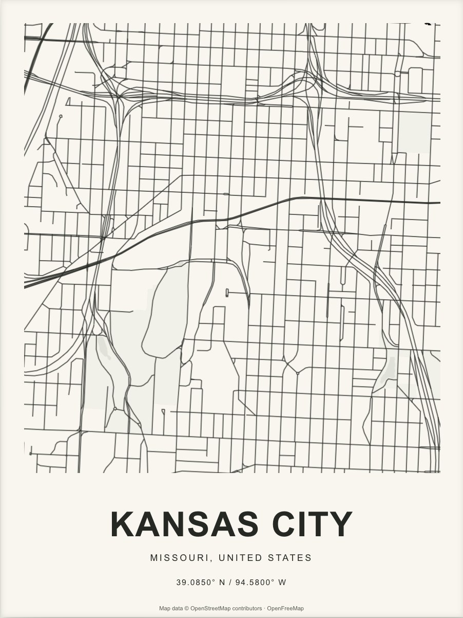 Closer Kansas City street map in dark ink on warm paper
