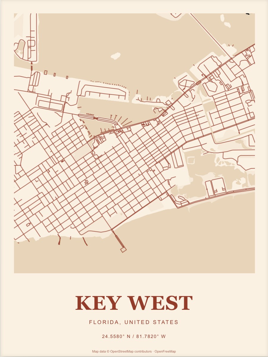 Key West street map print in Terracotta