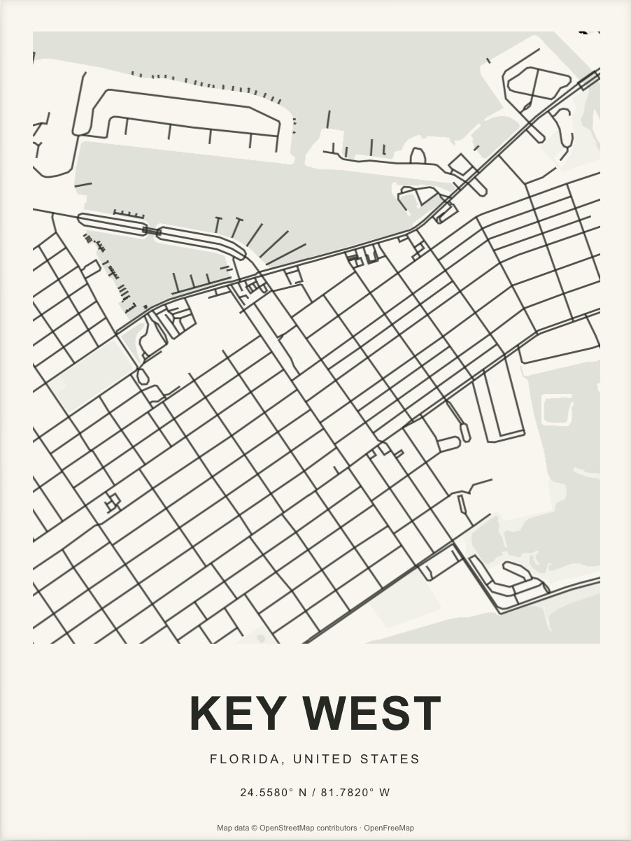 Closer Key West street map in dark ink on warm paper