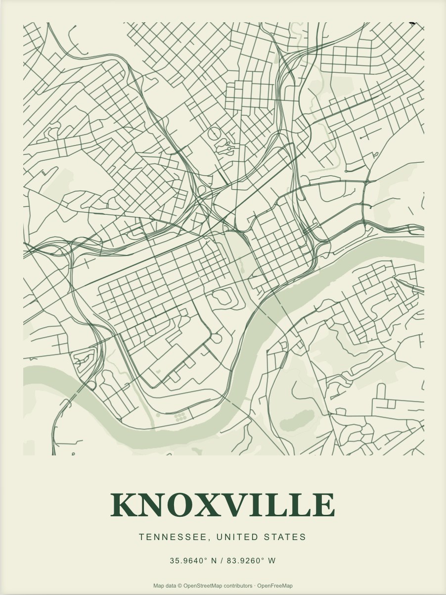 Knoxville street map print in Forest