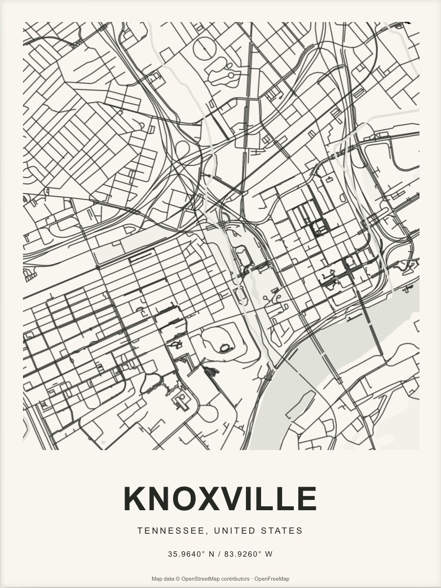 Closer Knoxville street map in dark ink on warm paper