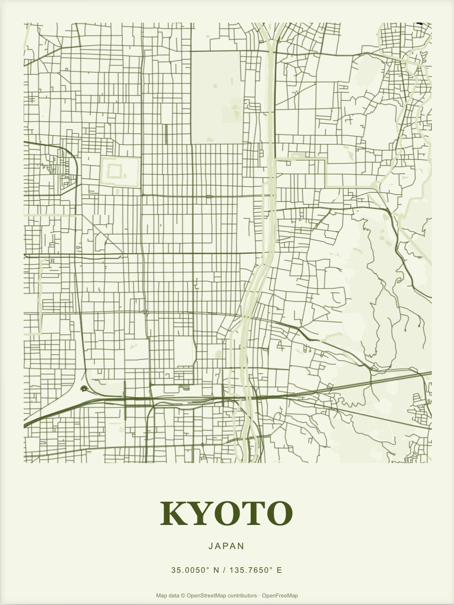Kyoto street map print in Moss