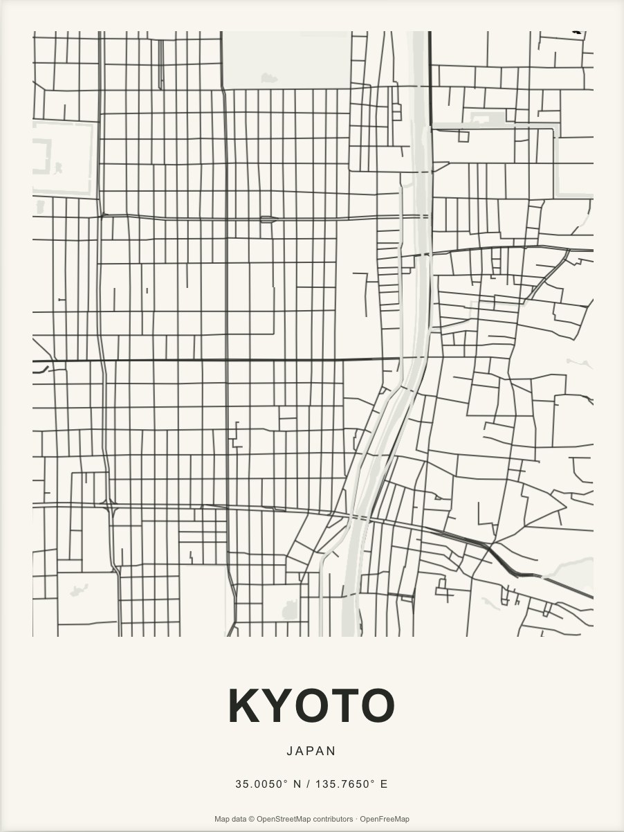 Closer Kyoto street map in dark ink on warm paper