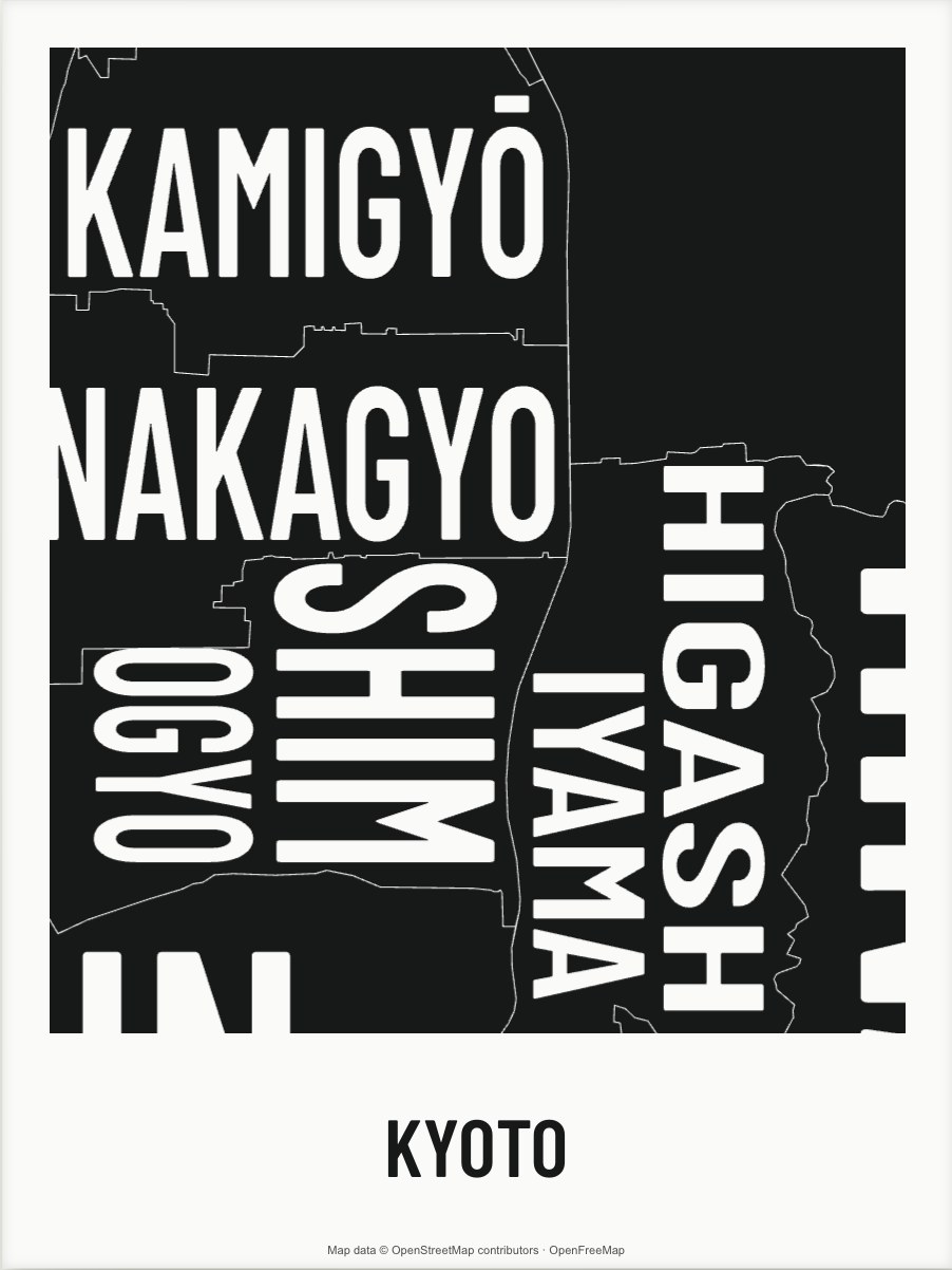 Kyoto map made from the names of its mapped areas