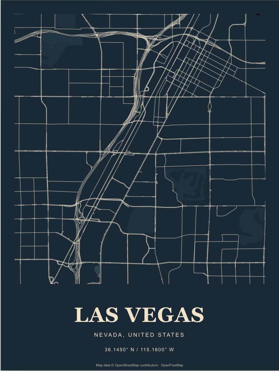Las Vegas street map print in Midnight
