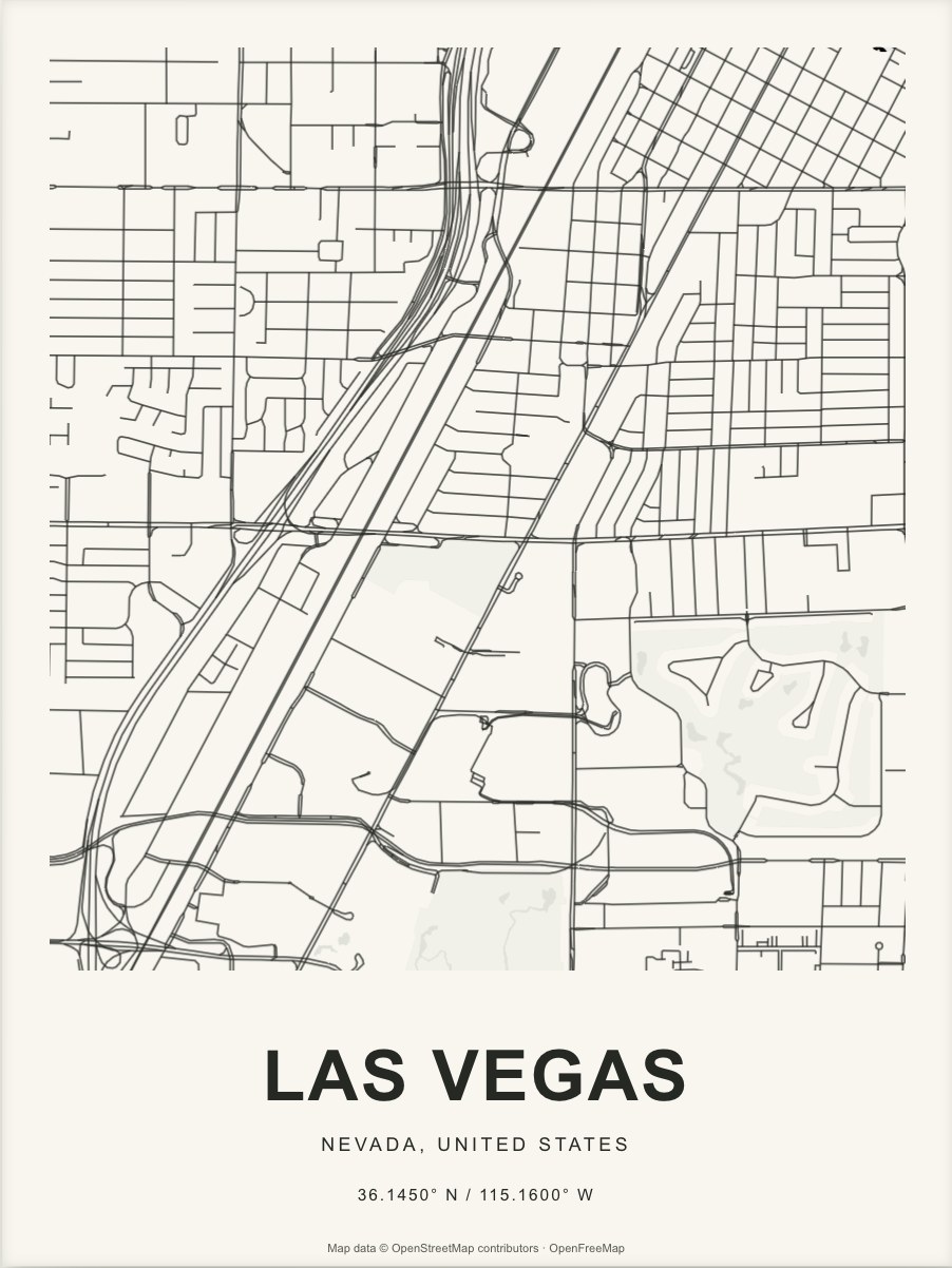 Closer Las Vegas street map in dark ink on warm paper