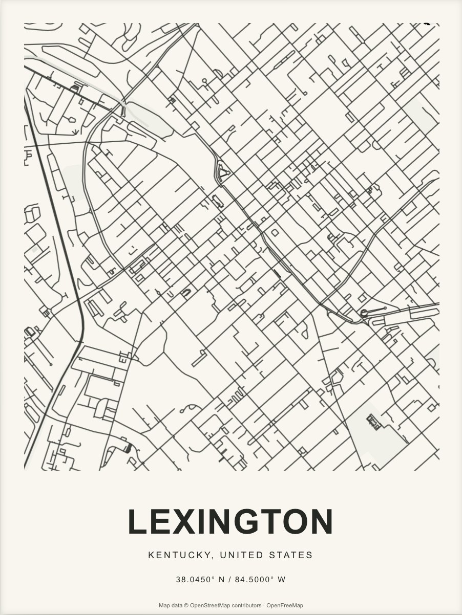 Closer Lexington street map in dark ink on warm paper