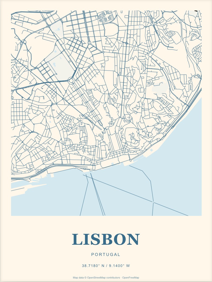 Lisbon street map print in Coast