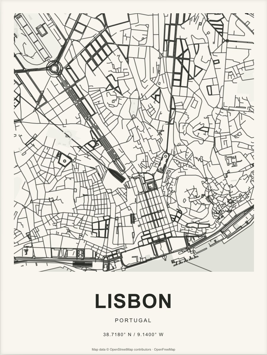 Closer Lisbon street map in dark ink on warm paper
