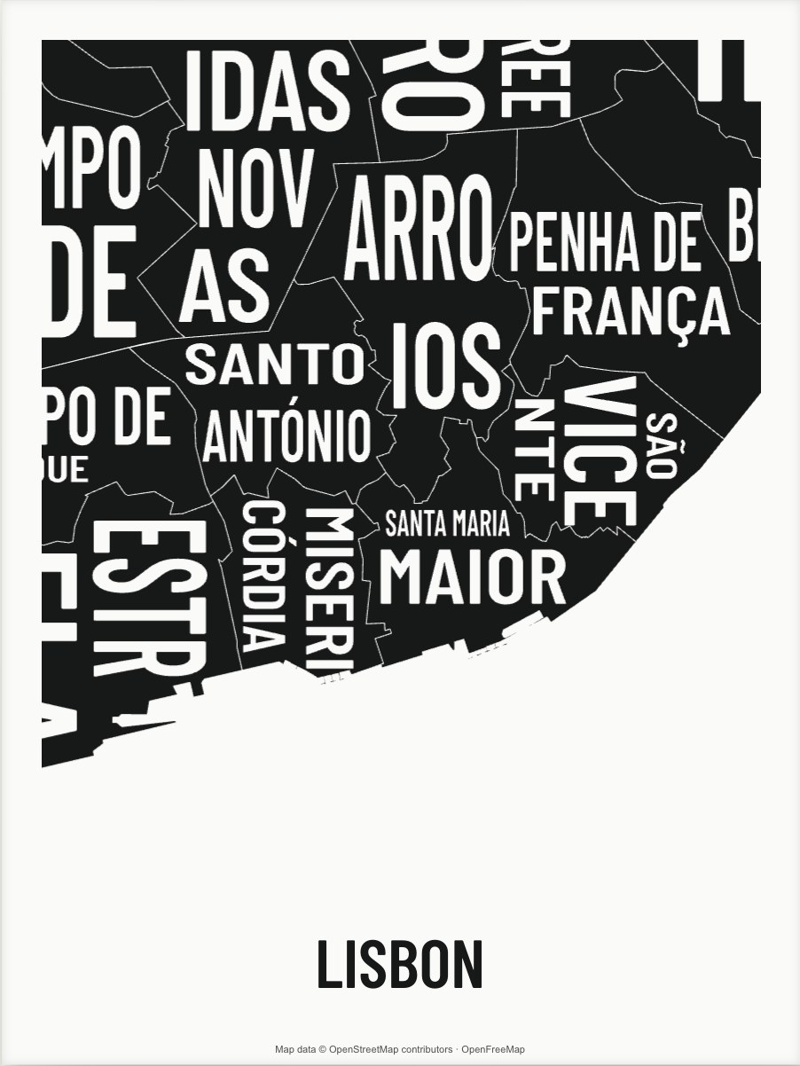 Lisbon map made from the names of its mapped areas