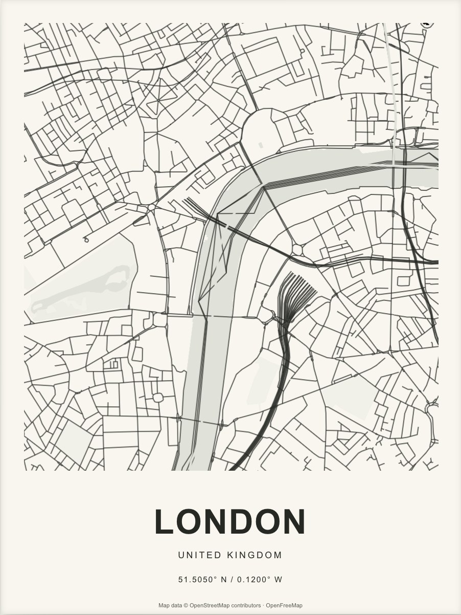Closer London street map in dark ink on warm paper