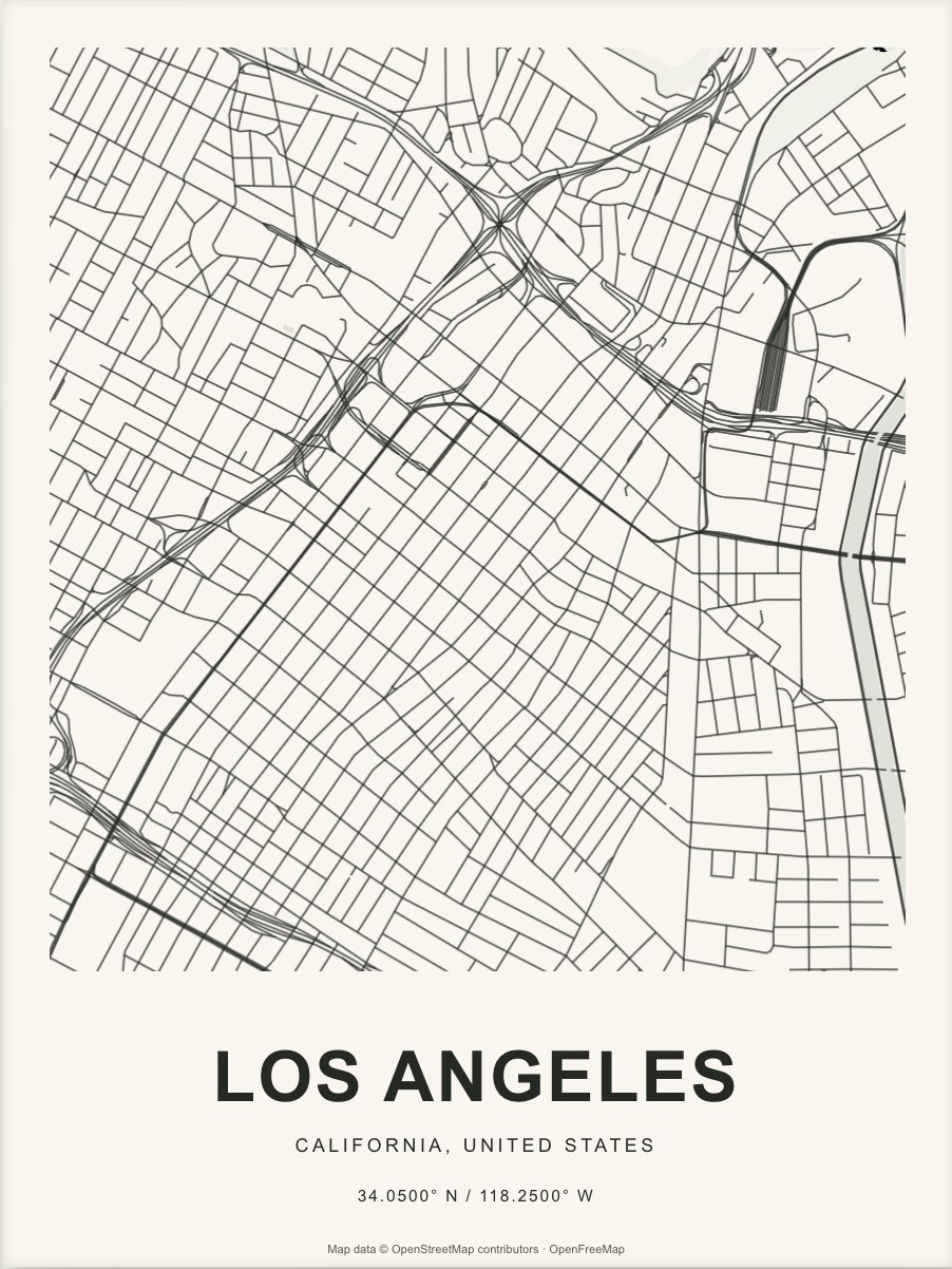 Closer Los Angeles street map in dark ink on warm paper