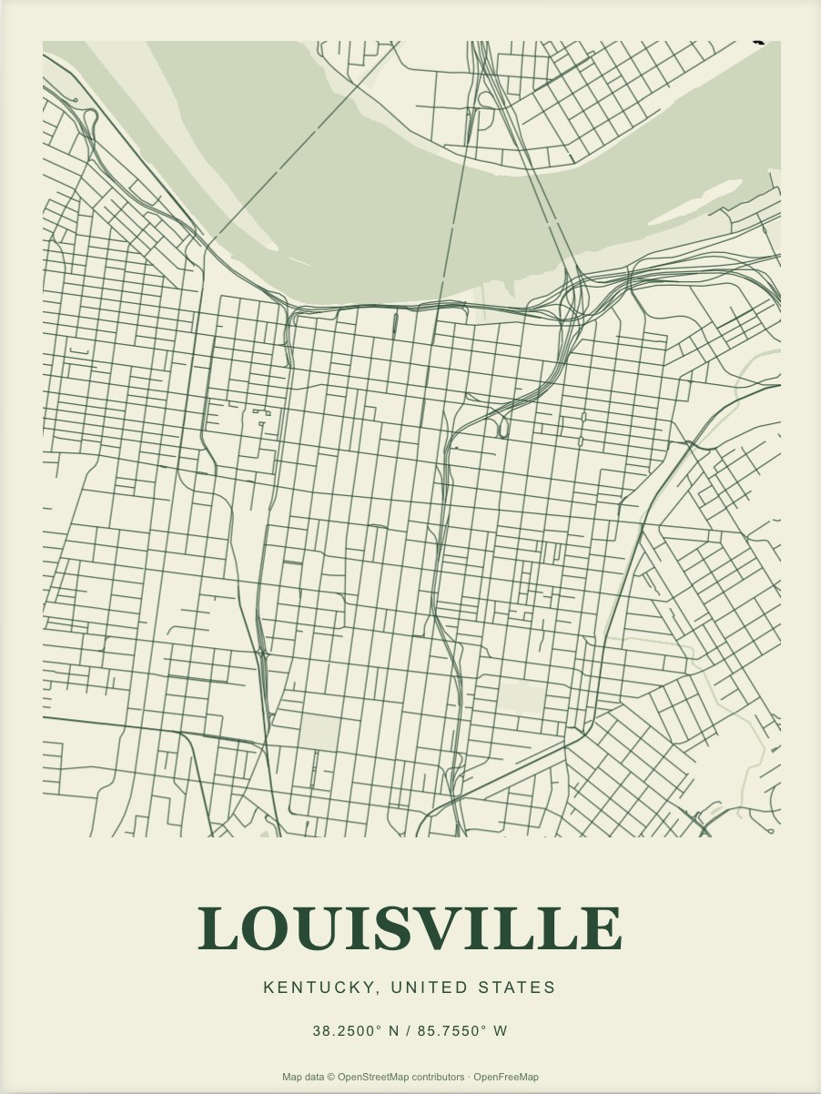 Louisville street map print in Forest