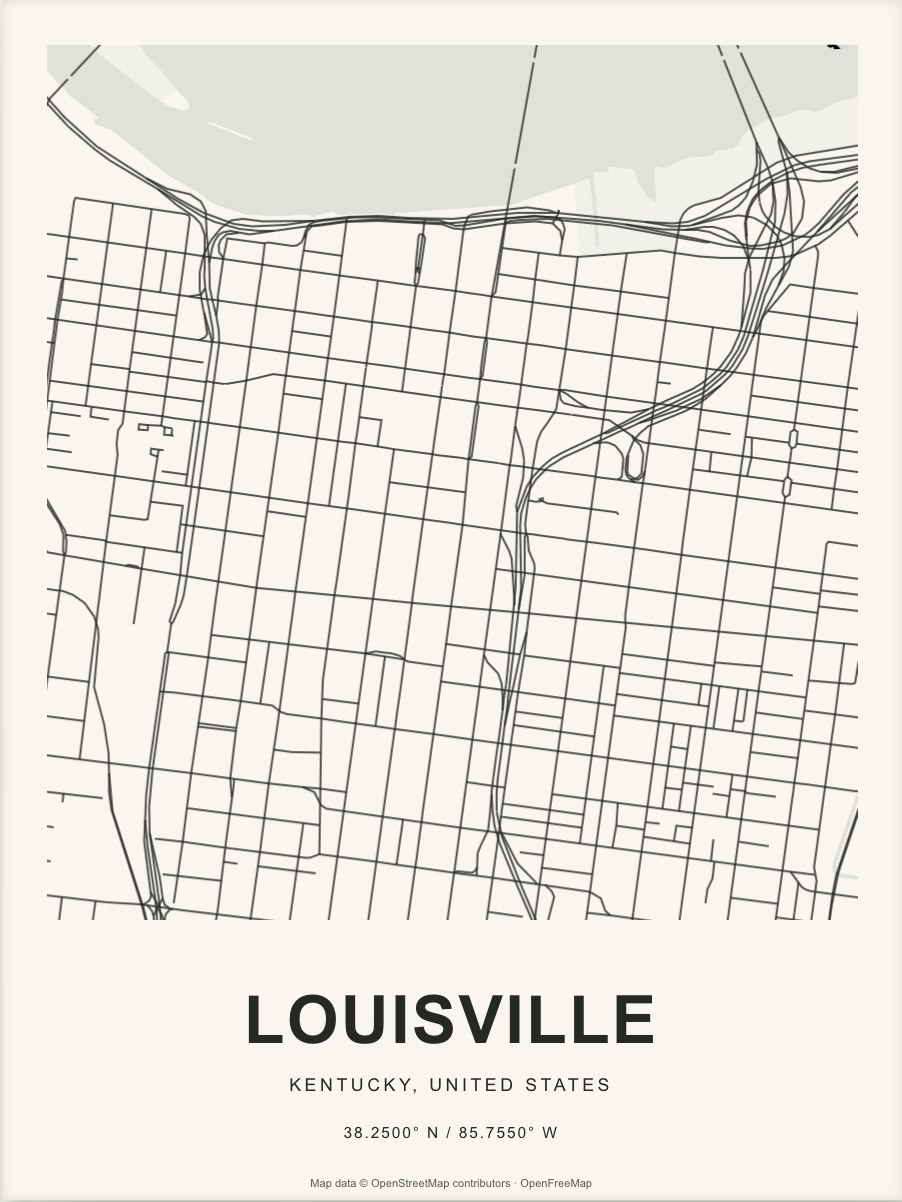 Closer Louisville street map in dark ink on warm paper