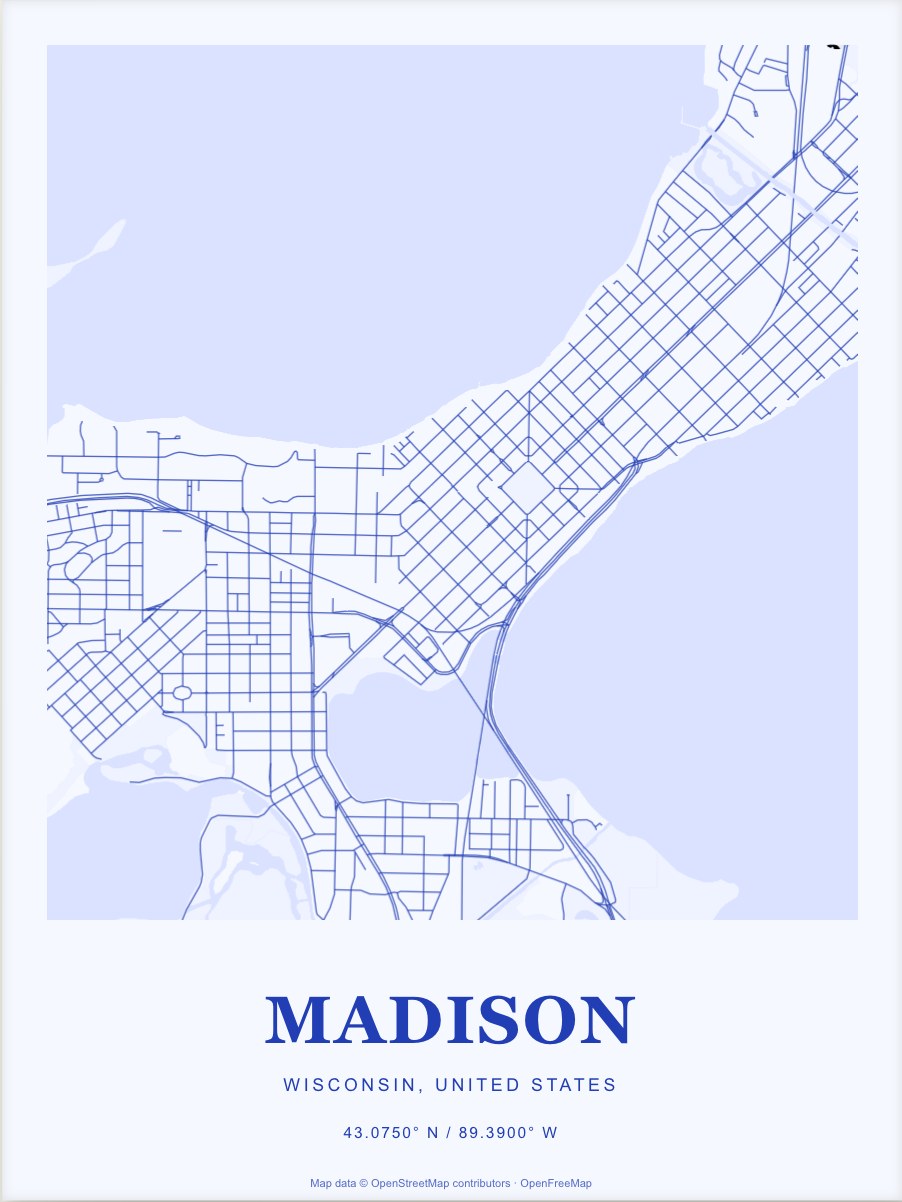 Madison street map print in Cobalt