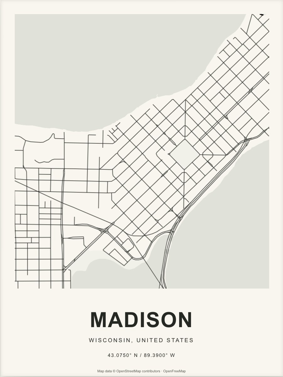 Closer Madison street map in dark ink on warm paper
