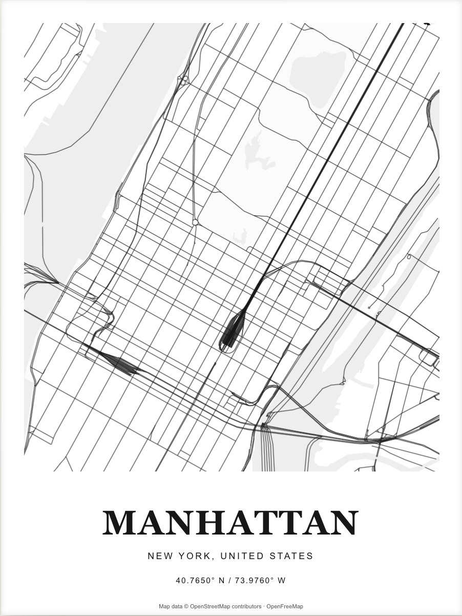 Manhattan street map print in Monochrome