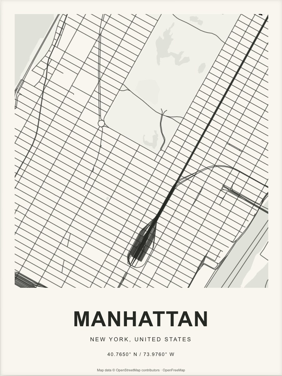 Closer Manhattan street map in dark ink on warm paper