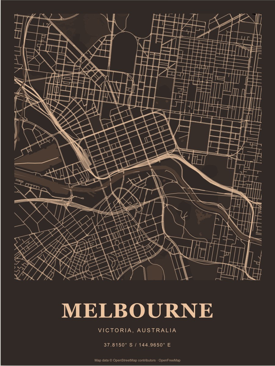 Melbourne street map print in Copper
