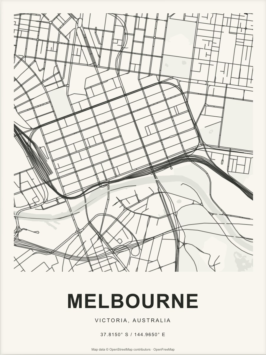 Closer Melbourne street map in dark ink on warm paper