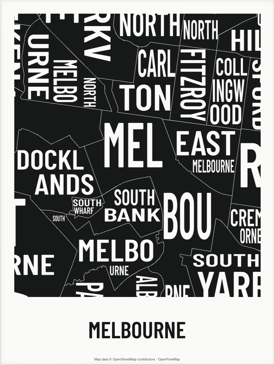 Melbourne map made from the names of its mapped areas