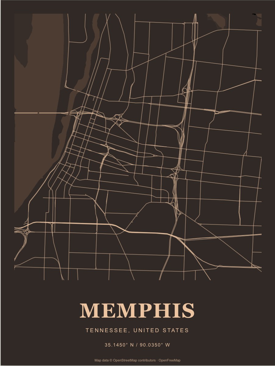 Memphis street map print in Copper