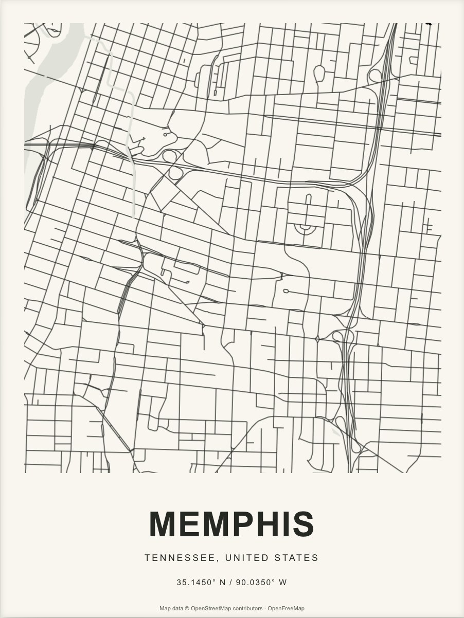 Closer Memphis street map in dark ink on warm paper