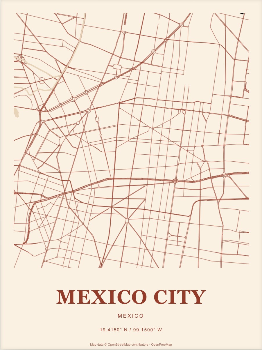 Mexico City street map print in Terracotta